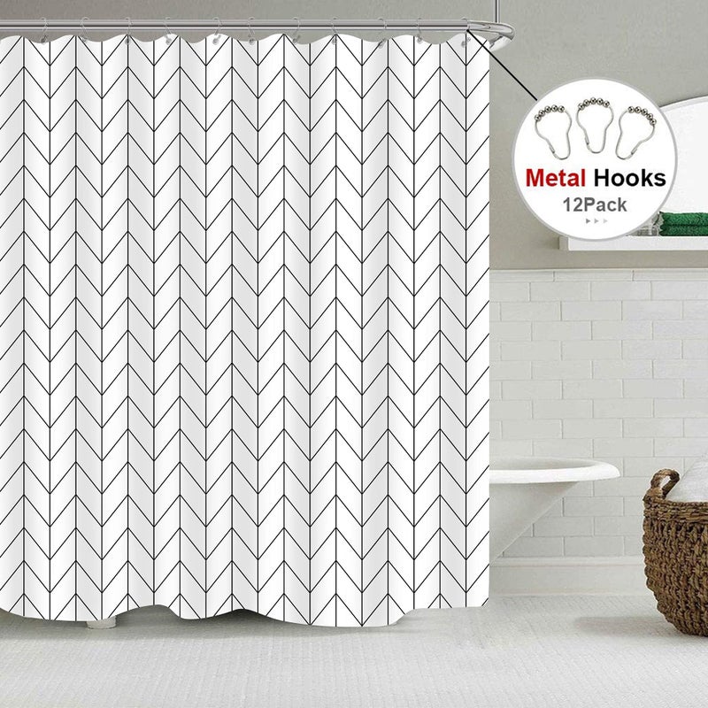Riyidecor Chevron Shower Curtain Geometric Herringbone 72Wx96H Inch Striped Extra Long Simple Modern Classy Neutral Contemporary 12 Pack Metal Hooks Decor Fabric Bathroom Set Polyester Waterproof - Image 4